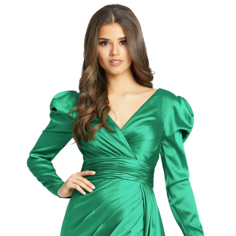 Emerald Green Satin Wrap Dress with Puff Shoulders